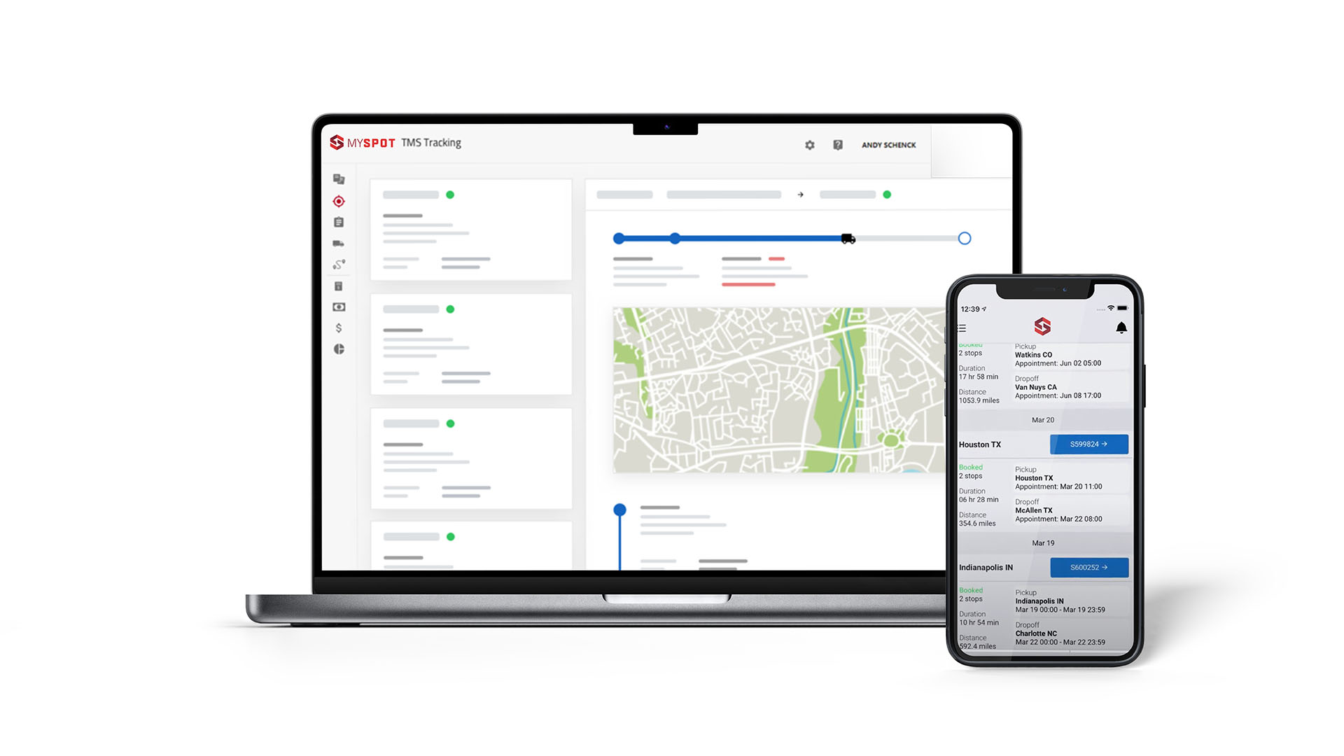 MySpot TMS application (with truck routes, loads, shipping rates) on a open laptop and mobile phone